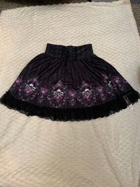 ROMWE Black Skirt with Pink Floral and Skull Design, Size Small, NWT